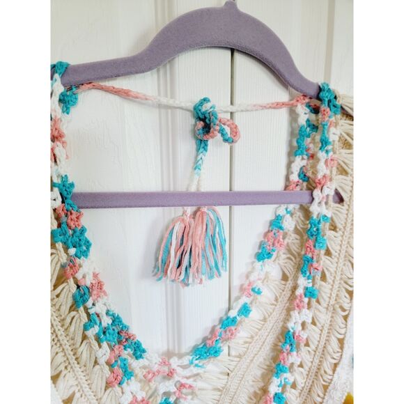 Joress M Oversized Southwest Top Hippie Pompom Low Cut Gauze Tan‎ Tassels SS - Picture 2 of 9